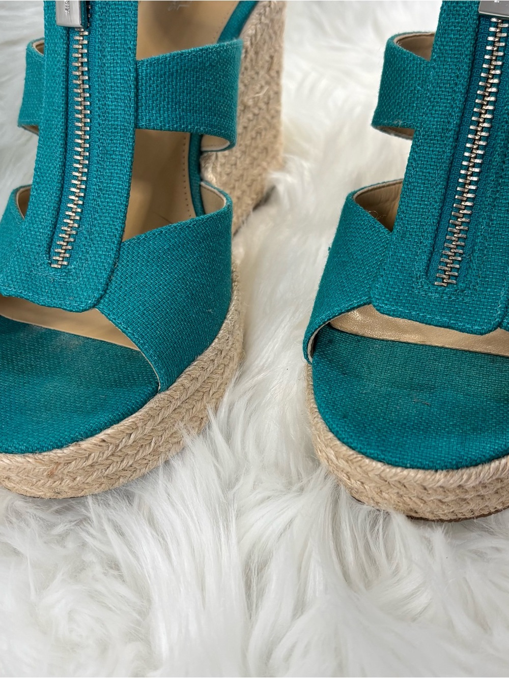 Michael Kors Wedge Teal Canvas Espadrille Sandals - Picture 2 of 12